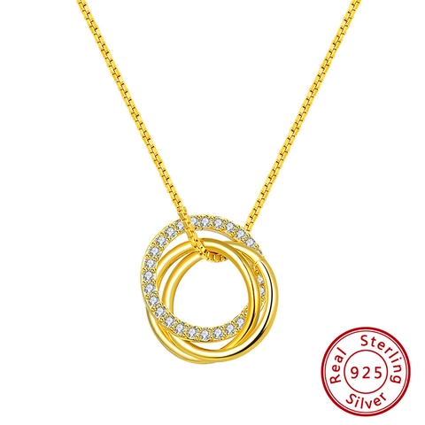 S925 Sterling Silver Triple Interlocking Rings Pendant Necklace For Women Elegant Gold Silver Rhinestone Box Chain Jewelry
