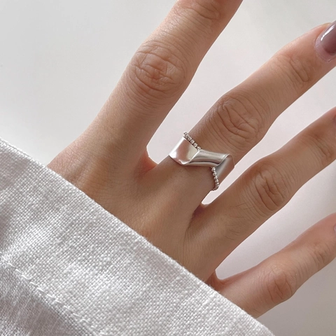 Anello Argento Sterling 925 Minimalista Torsione Geometrica Catena Di Perline Aperto Regolabile Gioielli Donna