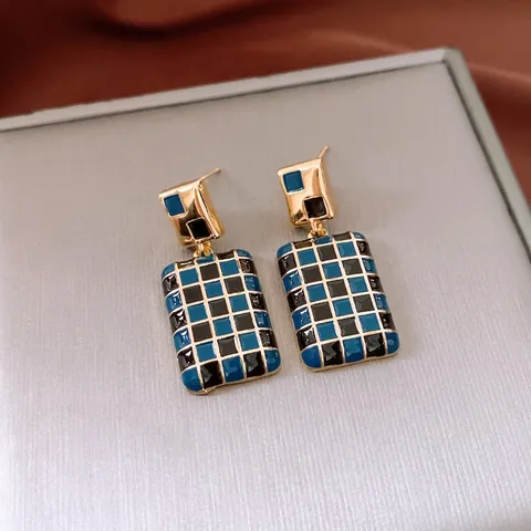 Orecchini Pendenti Rettangolari A Scacchiera Vintage Con Perno In Argento Sterling 925 Smalto Placcato Oro Gioielli Donna
