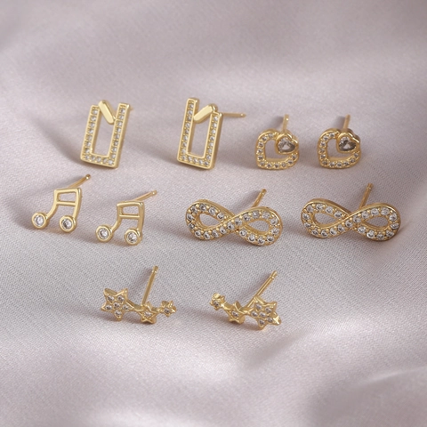 Gold Plated Copper Stud Earrings For Women Minimalist Rhinestone Heart Leaf Geometric Earrings For Daily Fashion Jewelry Gift
