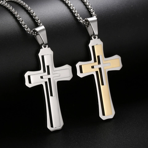 Collar Con Colgante De Cruz Para Hombre Acero Inoxidable Capas Doble Capa Joyería Hip Hop Punk Color Oro Plata