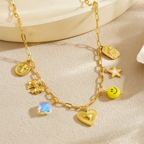 Gold Plated Stainless Steel Multi Charm Necklace Heart Flower Cherry Shell Butterfly Boho Sweet Jewelry For Women