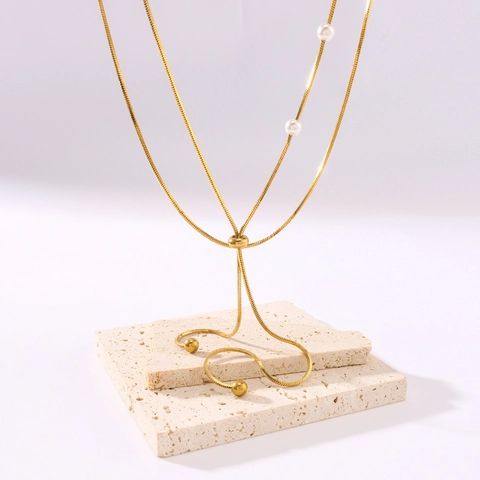 Collar De Cadena De Serpiente De Doble Capa Acero Inoxidable Chapado En Oro De 18K Con Colgante De Perla Artificial Ajustable Mujer