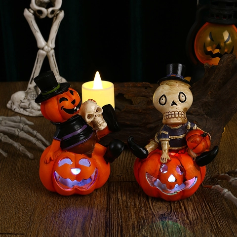 Ornamenti Teschio Zucca Luminosi Halloween Resina LED Accesa Figurine Brillanti Per Decorazione Festa Scrivania Casa
