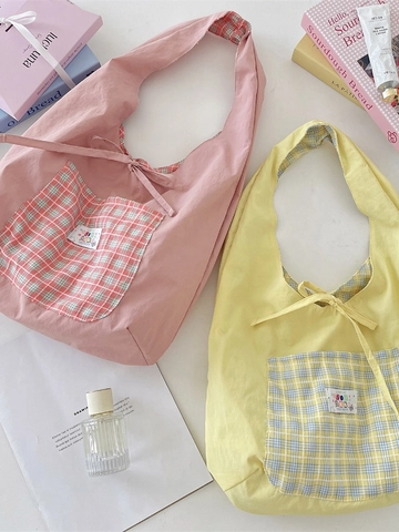 Korean Style Checkered Tote Shoulder Bag Polyester Double Sided Gingham Vest Bag With Ribbon Bow For Women Student Daily Commute