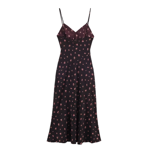 Damen Midi Kleid Mit Blumenmuster Spaghettiträger V Ausschnitt Ärmellos Hohe Taille Elastisches Polyester Sexy Stil