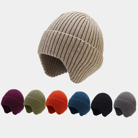 Winter Knitted Earflap Beanie Hat For Women Men Acrylic Ribbed Knit Warm Thermal Windproof Outdoor Casual Skullcap Plain