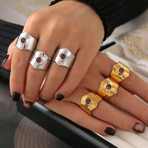 Unregelmäßiger Wellen Edelstahl Offener Ring Für Damen Mit Roter Zirkonia Gold Silber Geometrisches Band Modeschmuck Geschenk