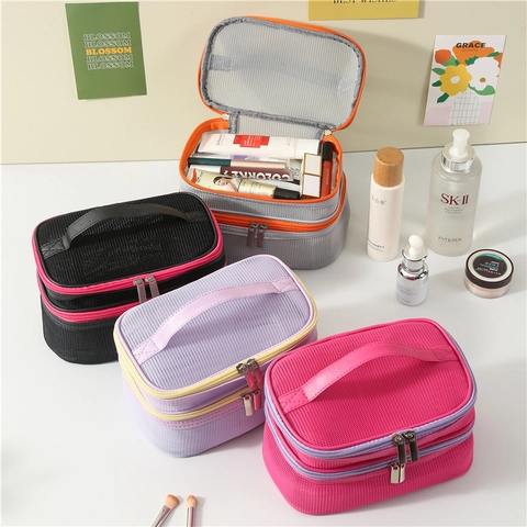 Borsa Per Trucco In Rete A Doppio Strato Traspirante Beauty Case Organizzatore Di Cosmetici Da Viaggio Portatile