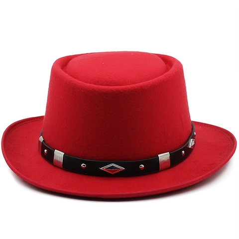 Cappello Fedora In Feltro Di Lana Stile Britannico Vintage Tesa Larga Cupola Piatta Con Cinturino In Pelle Rivettato Unisex