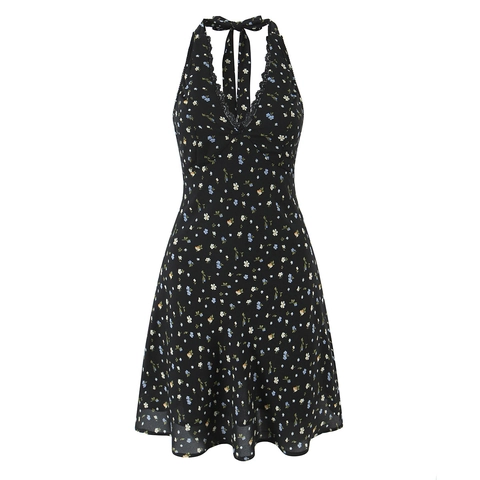 Robe Dos Nu À Imprimé Fleuri Pour Femme Col En V Bordure En Dentelle Dos Nu Taille Haute Mini Robe Été Sexy Polyester