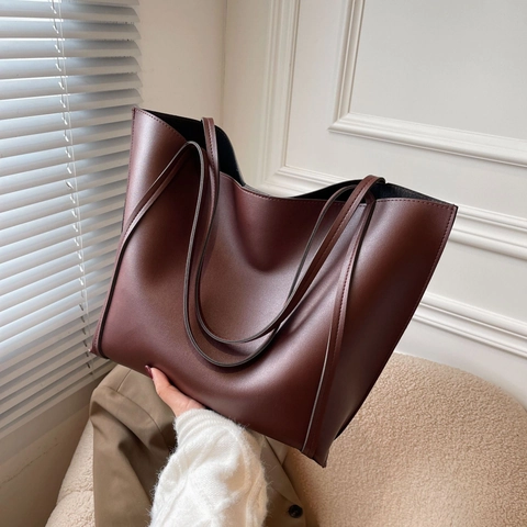 Large Capacity Tote Bag PU Leather Commuter Shoulder Handbag Vintage Simple Style Women Handbag With Inner Pouch