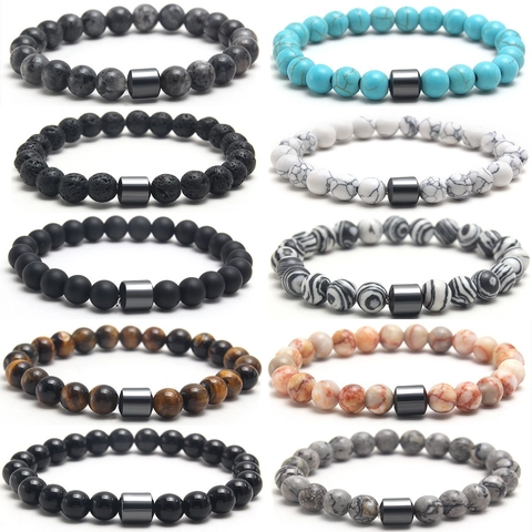 Natural Stone Beaded Bracelet With Volcanic Rock Tiger Eye Hematite Elastic Cord Classic Minimalist Jewelry Unisex