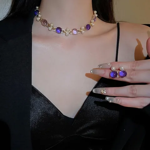 Vintage Palace Jewelry Necklace And Earrings Purple Pink Gemstone Faux Artificial Pearl Alloy Gold Tone With Silver Earring Post