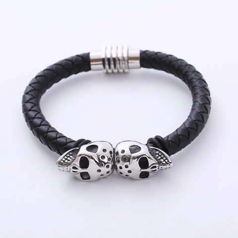 Herren Geflochtenes Lederarmband Mit 316L Edelstahl Totenkopf Charms Punk Magnetverschluss Armreif Schmuck Gothic