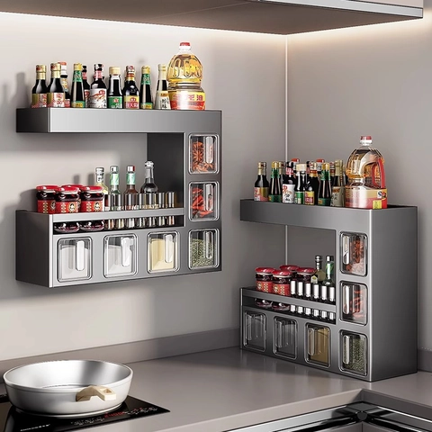 Kitchen Spice Rack Wall Mounted Carbon Steel Organizer Multi Layer Seasoning Box Drawer Storage Modern Minimalist Home