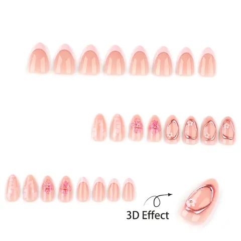 Press On Nagels Frans Roze Amandelvorm Met 3D Bloem Kunstparels Plastic Hars Elegante Kunstnagels Voor Vrouwen