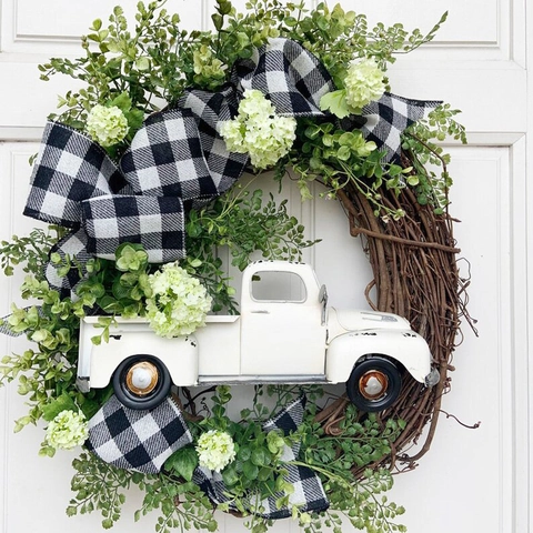 Christmas Wreath Front Door Decor White Truck Artificial Greenery Buffalo Plaid Bow Rattan Base Hanging Ornament