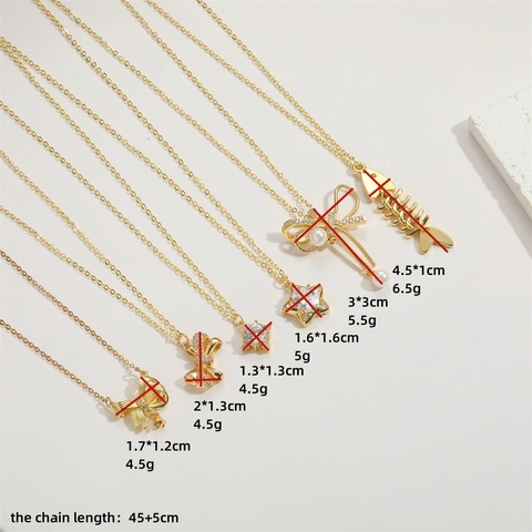Collier Pendentif en Cuivre Plaqué Or 14K Zirconia pour Femme Forme Nœud Papillon Arête de Poisson Étoile Chaîne O Bijoux Minimalistes