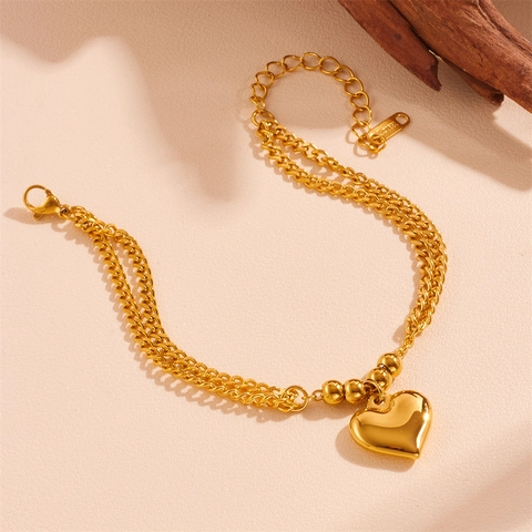 Roestvrij Staal Dubbellaagse Hart Hanger Ketting Armband Oorknopjes Sieraden Ensemble Voor Vrouwen Goud Gekleurd