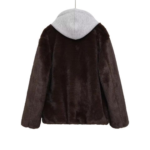 Women Faux Fur Hooded Jacket Zip Up Long Sleeve Casual Contrast Color Sweatshirt Hood Coat Fashion Outerwear For Ladies