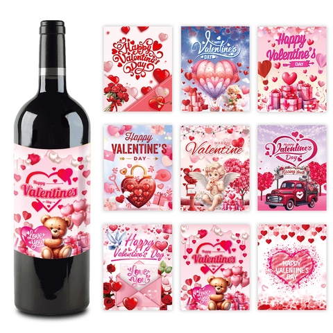 Autocollants Bouteille de Vin Saint Valentin Étiquettes Romantique Cœur Rose Cupidon Auto Adhésif Décoration de Fête Vacances