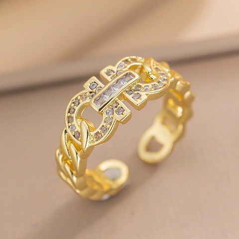 Anillo Abierto Ajustable Cobre Chapado En Oro 18K Circonita Cúbica Diseño Cadena Geométrica Entrelazada Joyería De Moda Elegante Mujer