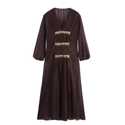 Women Elegant Chiffon Maxi Dress V Neck Lantern Sleeve Sequin Pleated Bohemian High Waist Retro Long Dress