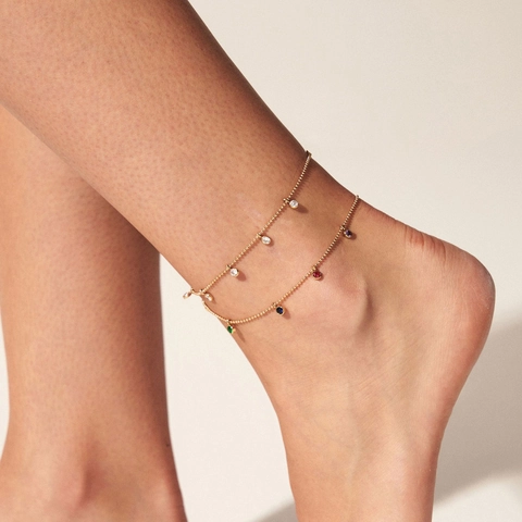 Stainless Steel Colorful Zircon Pendant Anklet For Women Light Luxury Trendy Adjustable Foot Chain Jewelry