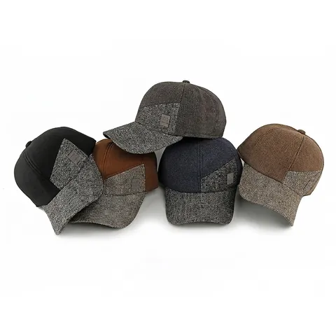 Winter Baseball Cap Fleece Lined Ear Protection Warm Peaked Hat Patchwork Tweed Texture Adjustable Outdoor Casual For Men Women