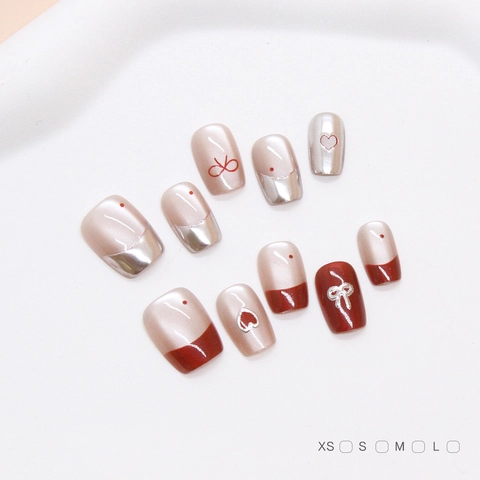 Handgemachte Press On Nägel Cat Eye French Tip Herz Schleife 3D Deko Kurz Quadratisch ABS Wiederverwendbar Damen Süß