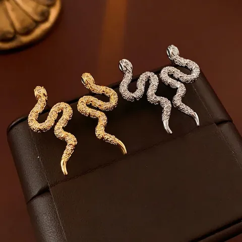 Snake Stud Earrings Elegant Zircon Inlaid Copper With Silver Earring Post Fashion Animal Shape Women Jewelry