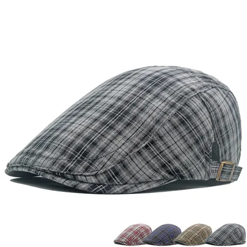 Vintage Britse Geruite Platte Pet Katoen Verstelbare Metalen Gesp Newsboy Hoed Retro Zonnescherm Baret Unisex