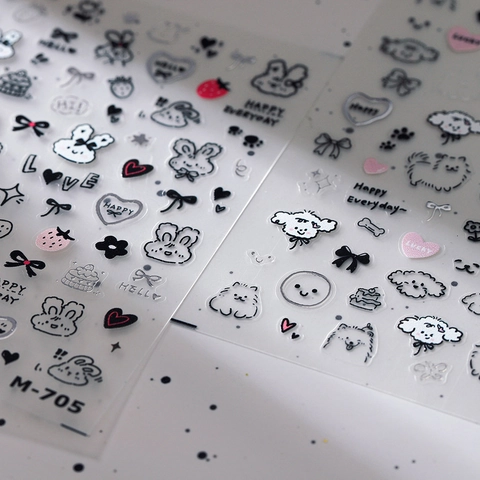 Cartoon Dog Rabbit Nail Art Stickers Embossed Silver Metallic Heart Bow Stars Design Self Adhesive Decals For DIY Decoration