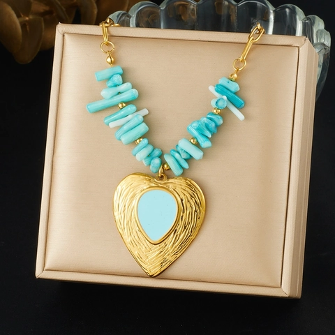 Heart Pendant Necklace Stainless Steel Gold Plated Blue Crushed Stone Turquoise Bead Bohemian Vintage Jewelry