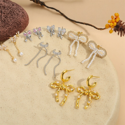 Orecchini Pendenti Con Fiocco Vintage Francese Rame Con Zircone E Perla Artificial ABS Gioielli Eleganti Nappa Farfalla Per Donna