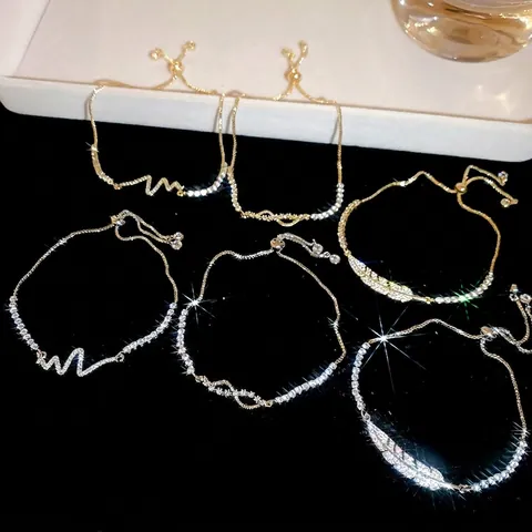 Bracciale Regolabile Piuma Battito Cardiaco Rame Zircone Intarsiato Oro Argento Elegante Gioielli Moda Donna
