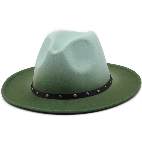 Fedora Hat Wide Brim Gradient Wool Felt Jazz Cap With Rivet Belt Elegant Vintage For Men Women