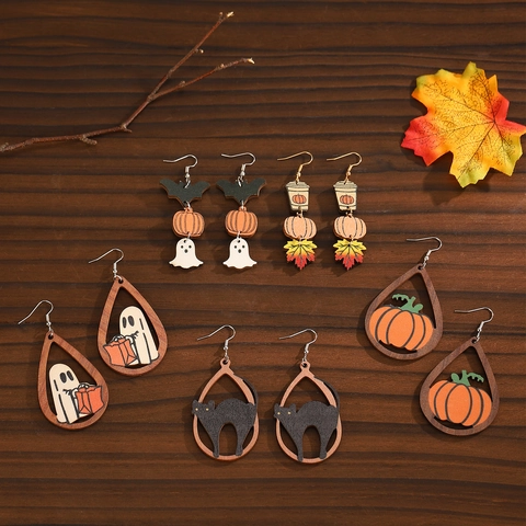 Halloween Wooden Dangle Earrings Pumpkin Ghost Bat Black Cat Maple Leaf Festive Drop Earrings For Women Holiday Party Jewelry