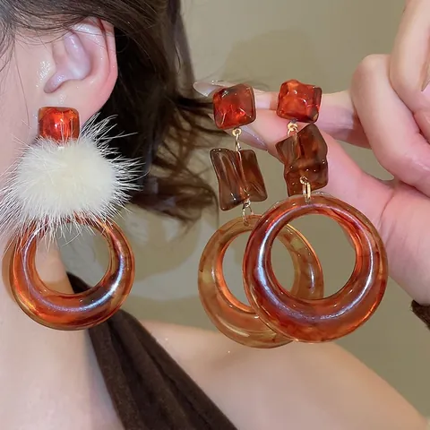 Geometric Amber Resin Dangle Earrings With White Artificial Fur Pom Pom And 925 Sterling Silver Earring Post