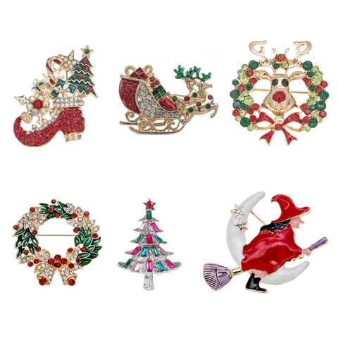 Christmas Brooches Pins Alloy Colorful Rhinestone Enamel Christmas Tree Reindeer Sleigh Boots For Holiday Party Gift