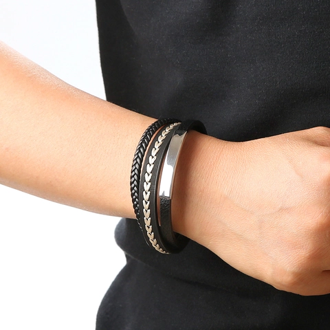 Multi Layer Braided Leather Bracelet For Men Stainless Steel Magnetic Clasp Minimalist Hand-Woven Jewelry Accessory