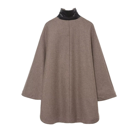 Cappotto Media Lunghezza Da Donna In Finta Lana Con Collo Alto In Patchwork Di Pelle Nera Giacca Casual Vintage