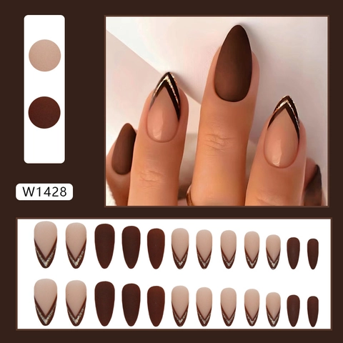 Uñas Postizas Press On Marrón Mocha Mate Largas Almendra Forma En V Francés Brillo Dorado Elegante Para Mujeres