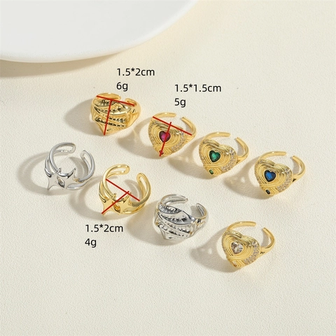 Anillo Corazón Personalizado Vintage Francés para Mujer Cobre Circonia Abierto Ajustable Estrella de Mar Anillo Geométrico Joyería