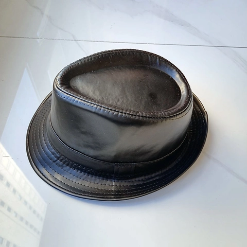 Vintage Fedora Hat PU Leather Solid Color British Style Retro Jazz Cap Unisex Sun Protection Windproof Accessory