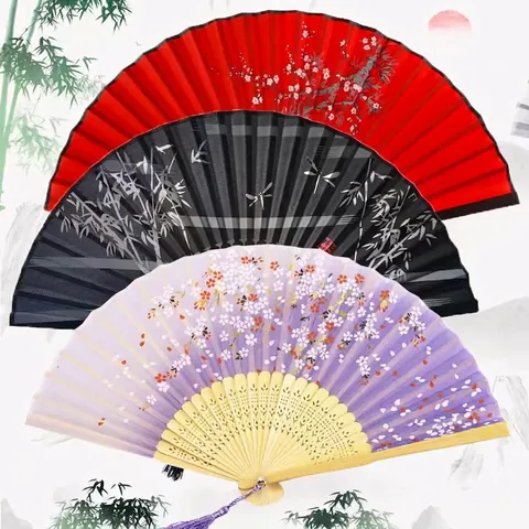 Chinese Style Folding Hand Fan Bamboo Frame Fabric Surface With Tassel For Dancing Wedding Performance Party Decor