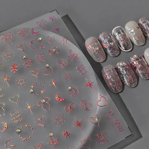 Holographische 3D Relief Nagelkunst Aufkleber Mit Strass Herz Stern Mond Englische Schrift Selbstklebende Dekoration DIY