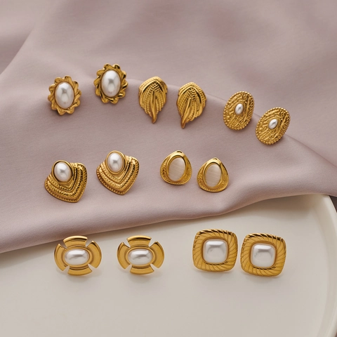 French Vintage 316 Stainless Steel Stud Earrings With Faux Artificial Pearl 18K Gold Plated Geometric Elegant Jewelry For Women