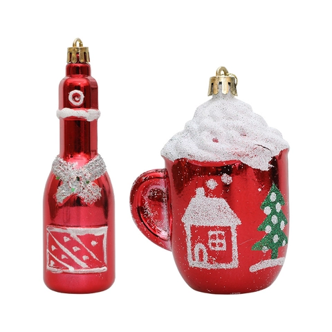 Ornamenti Appesi Per Albero Di Natale In Plastica Rosso Galvanizzato Forme Di Bottiglie E Tazze Con Motivo Di Neve Arredamento
